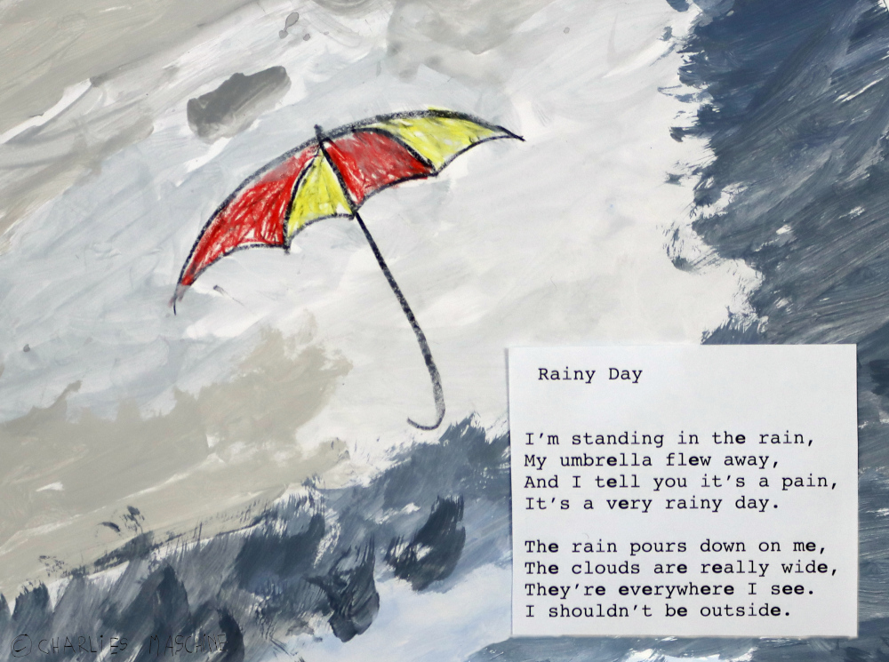 Rainy Day - water color + crayon, Charlie age 7 - poem, Charlie age 11