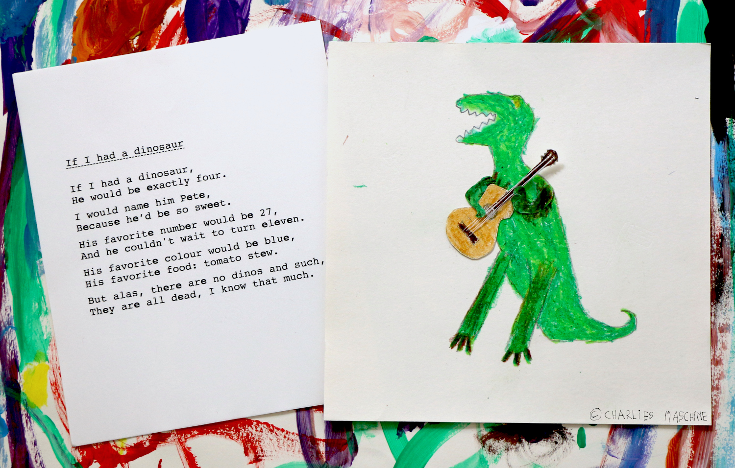 if I had a dinosaur - crayons, Charlie age 7 - poem and guitar, Charlie age 10