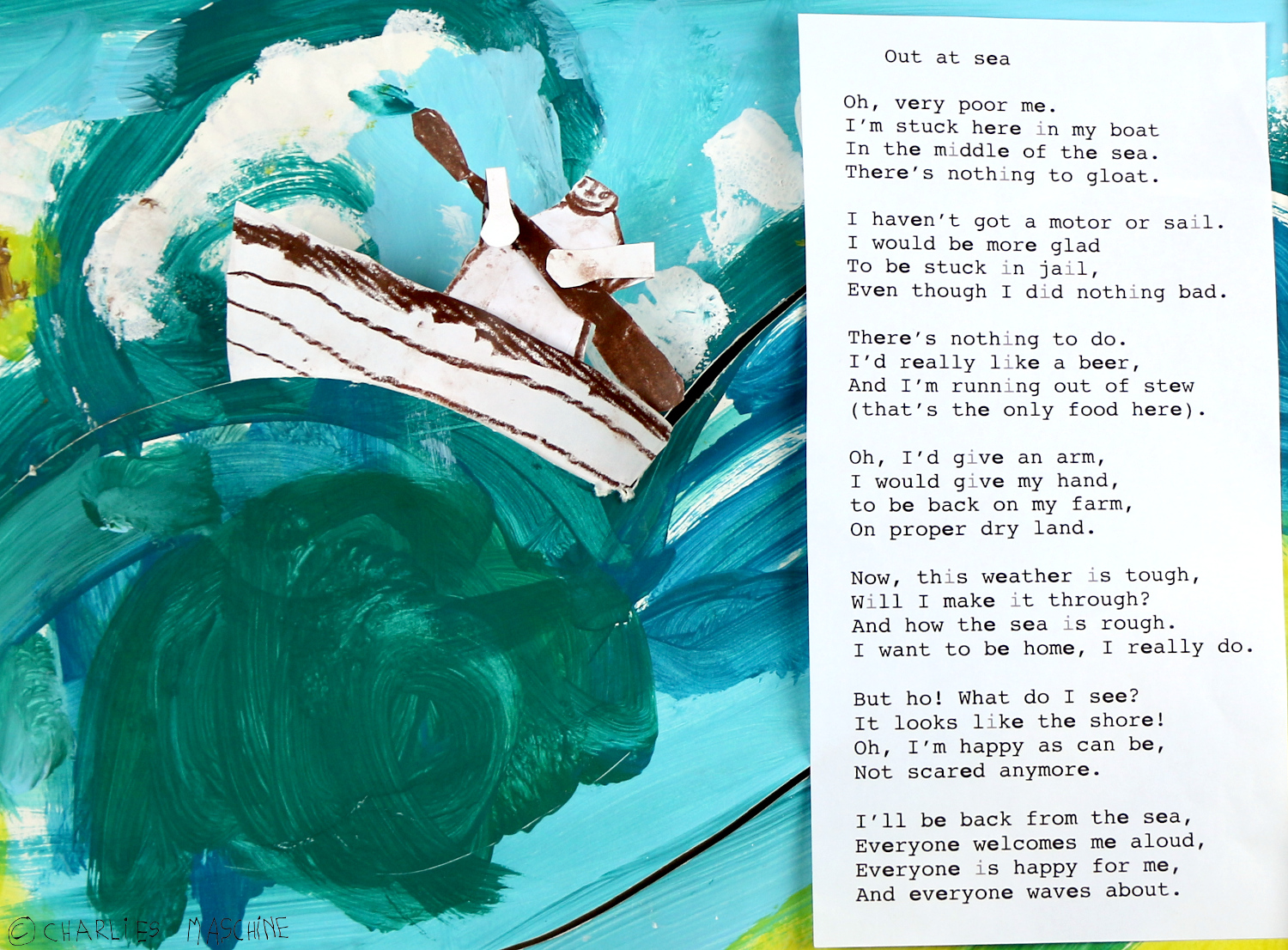 out at sea - tempera colour painting, Charlie age 5 - poem, Charlie age 10