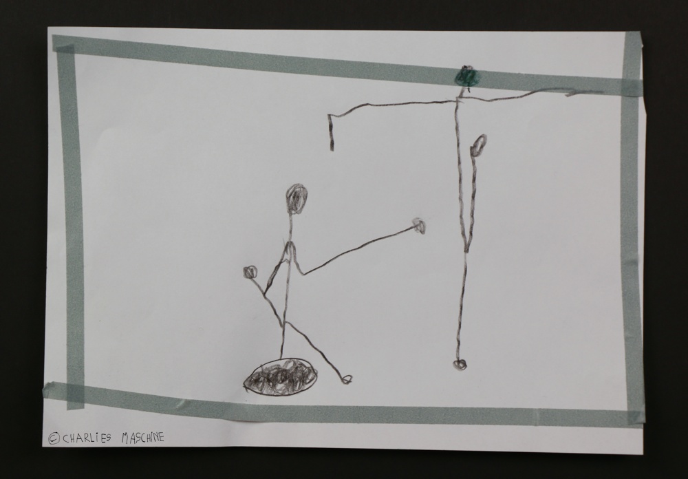 2 Tänzer (2 dancers) – wooden manikin as model, black crayon and adhesive  tape; Charlie, age 5