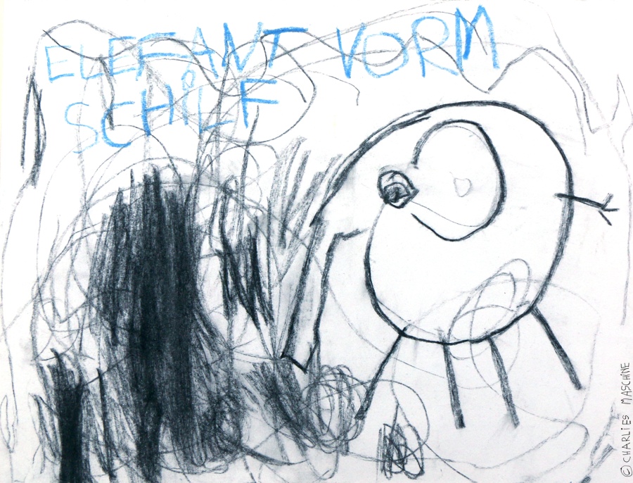 Elefant vorm Schilf (Elephant in front of reeds) – charcoal tablet and blue crayon; Charlie, age 4