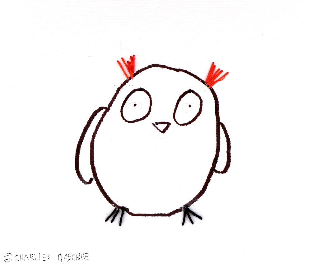 owl – magic marker on canvas and yarn; Charlie age 9