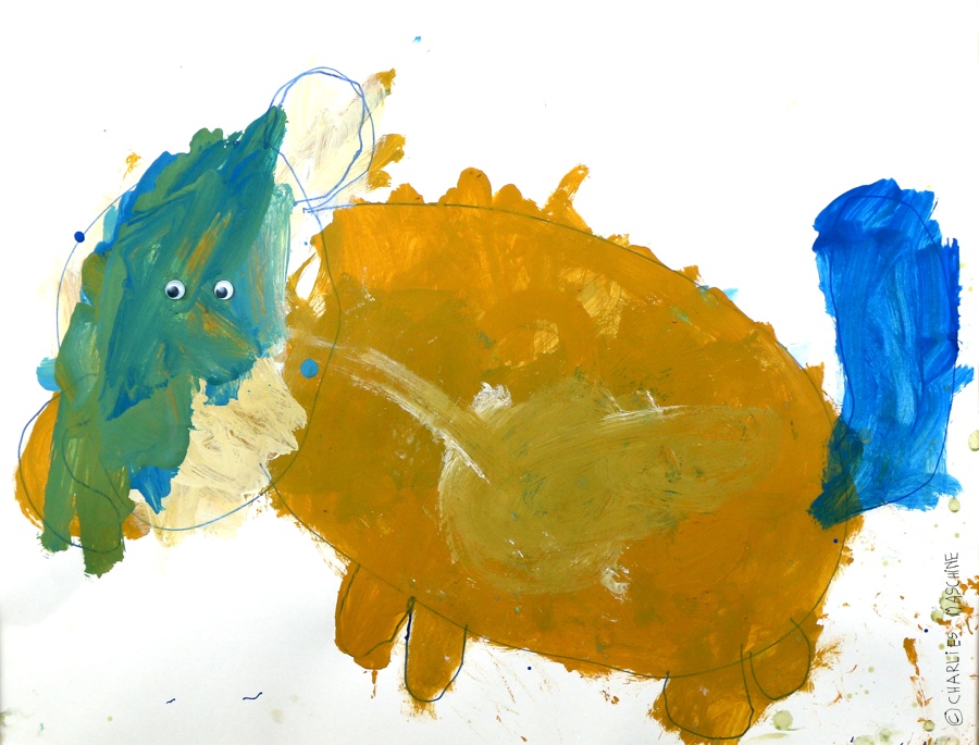 Heffalump – tempera and googly eyes; Charlie, age 4½