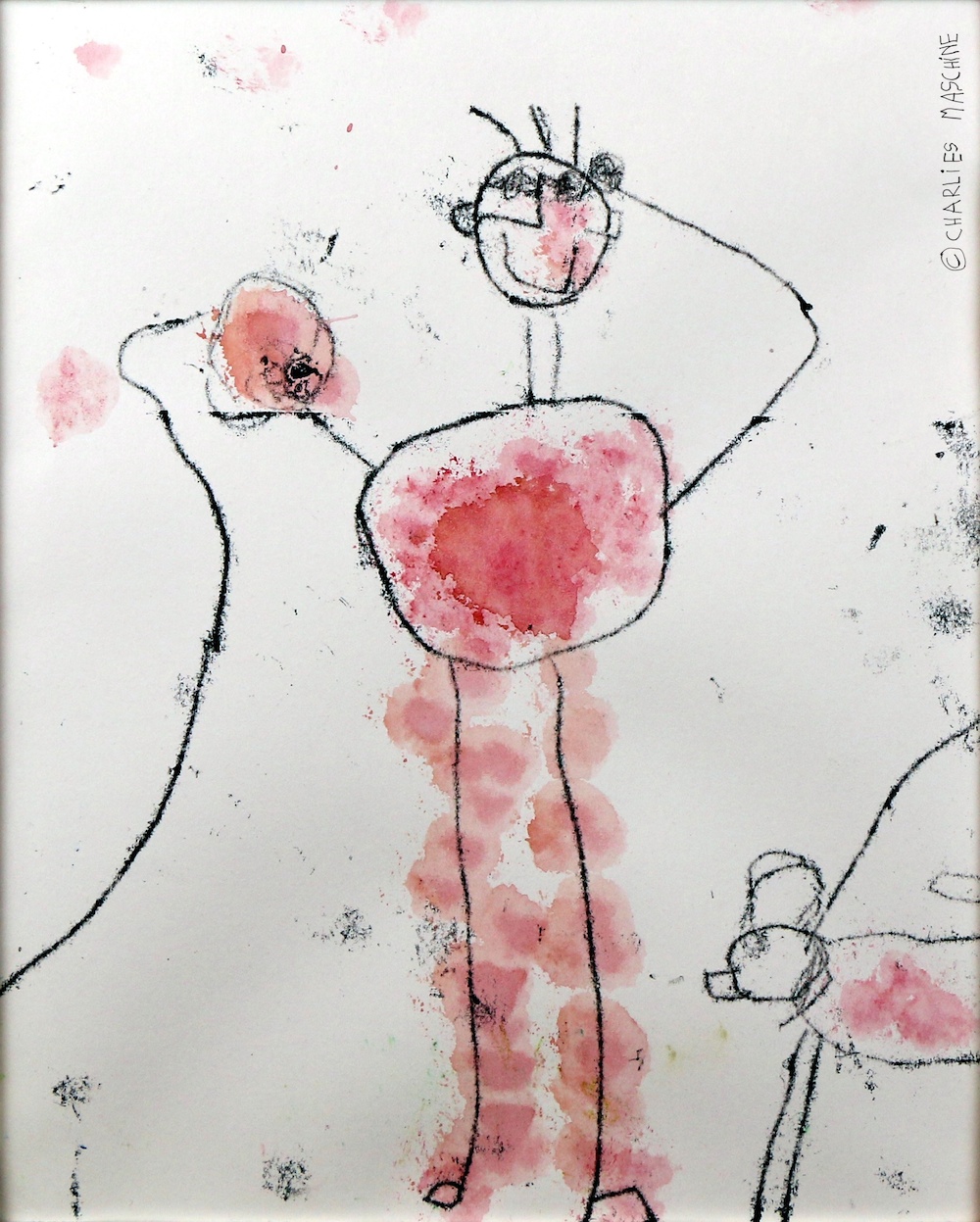 Verwirrter Mann mit Hund (Confused man with dog) – monotyping (ink on glass plate) and red watercolour; Charlie, age 5½