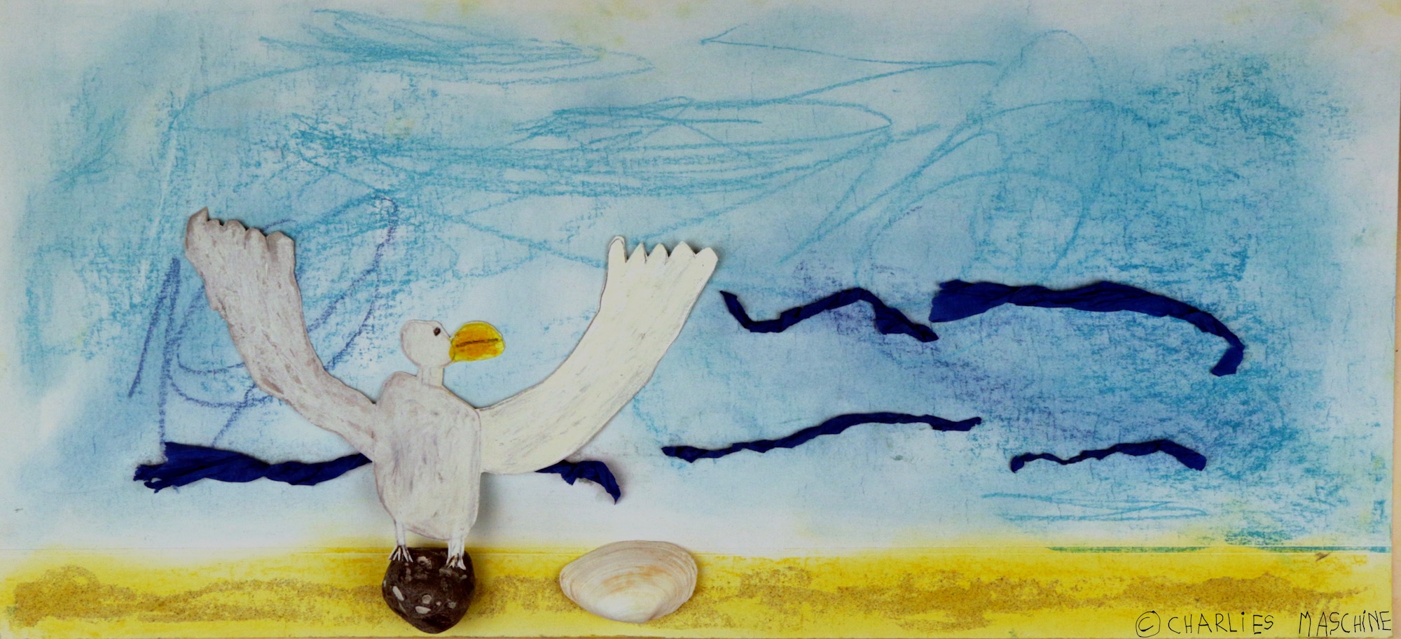 Möwe am Strand (seagull at the beach) – pastels, crayon, sand, Charlie, age 6