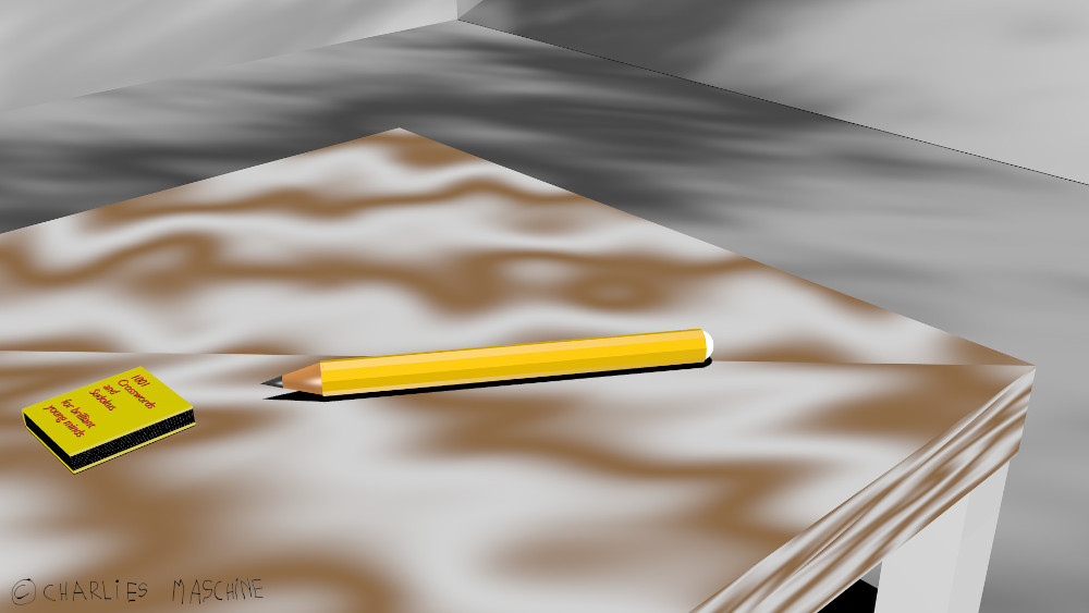 pencil and book on table – 3D-rendering in Blender; Charlie age 10