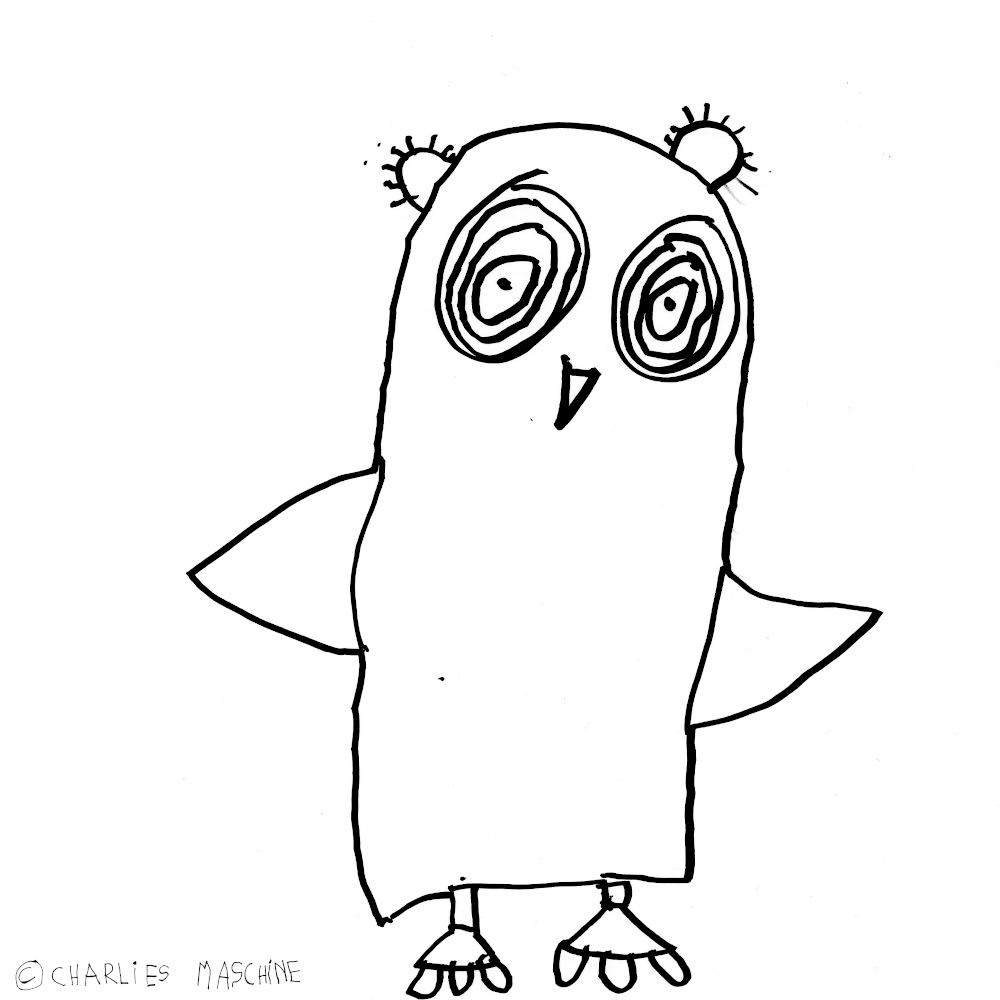 owl – magic marker drawing; Charlie age 5½