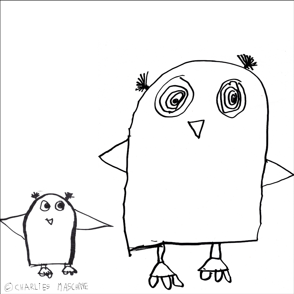2 owls – magic marker drawing; Charlie age 5½